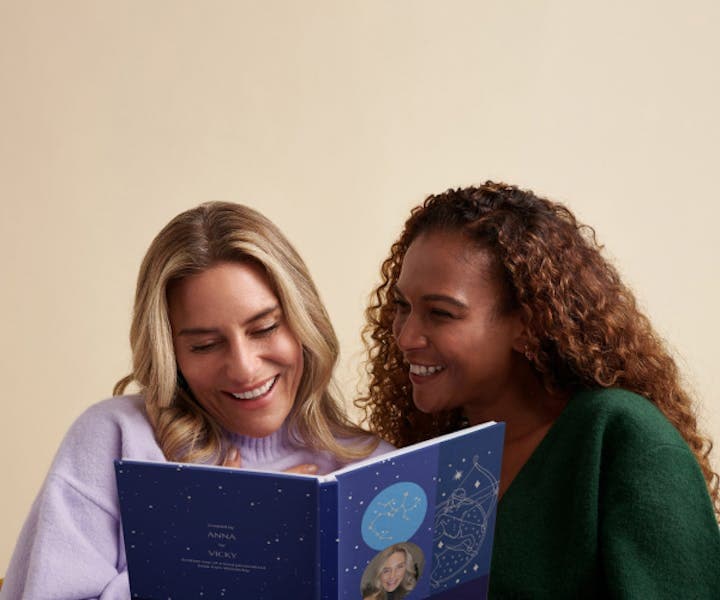 Friends reading a personalized book